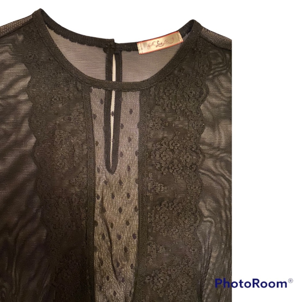 Rare LUX VTG Sheer Black Lace Peplum Cinched/Waist Cap/Sleeve Mesh Polka Dots - Picture 8 of 11